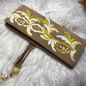 Embroidered clutch vintage floral yellow tan brown beaded